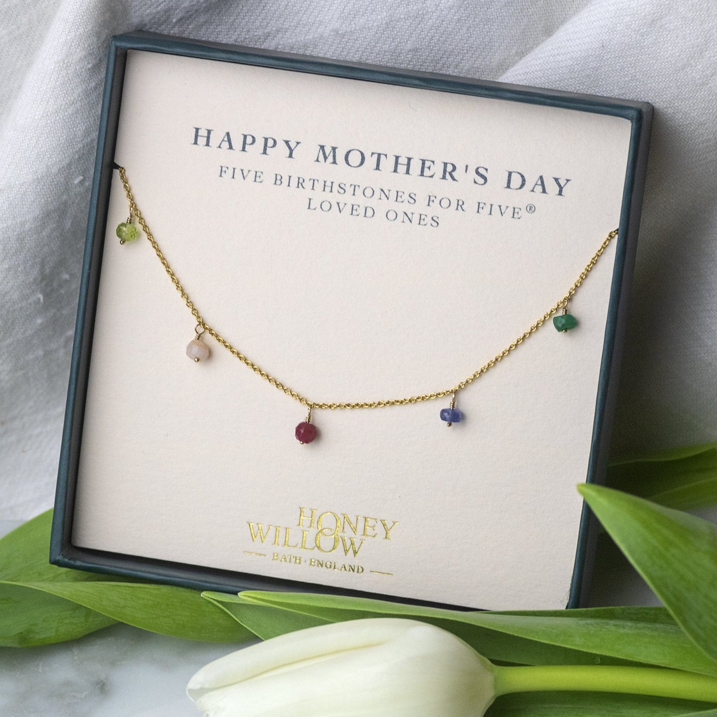 Mother's Day Gift - Delicate Family Birthstone Necklace - 5 Birthstones for 5® Loved Ones