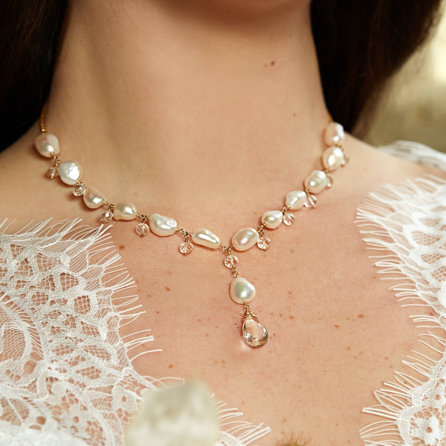 Keishi Pearl & Crystal Drop Necklace - Salacia