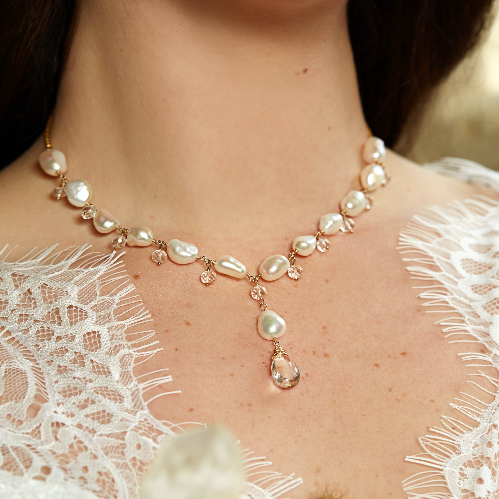 Keishi Pearl & Crystal Drop Necklace - Salacia