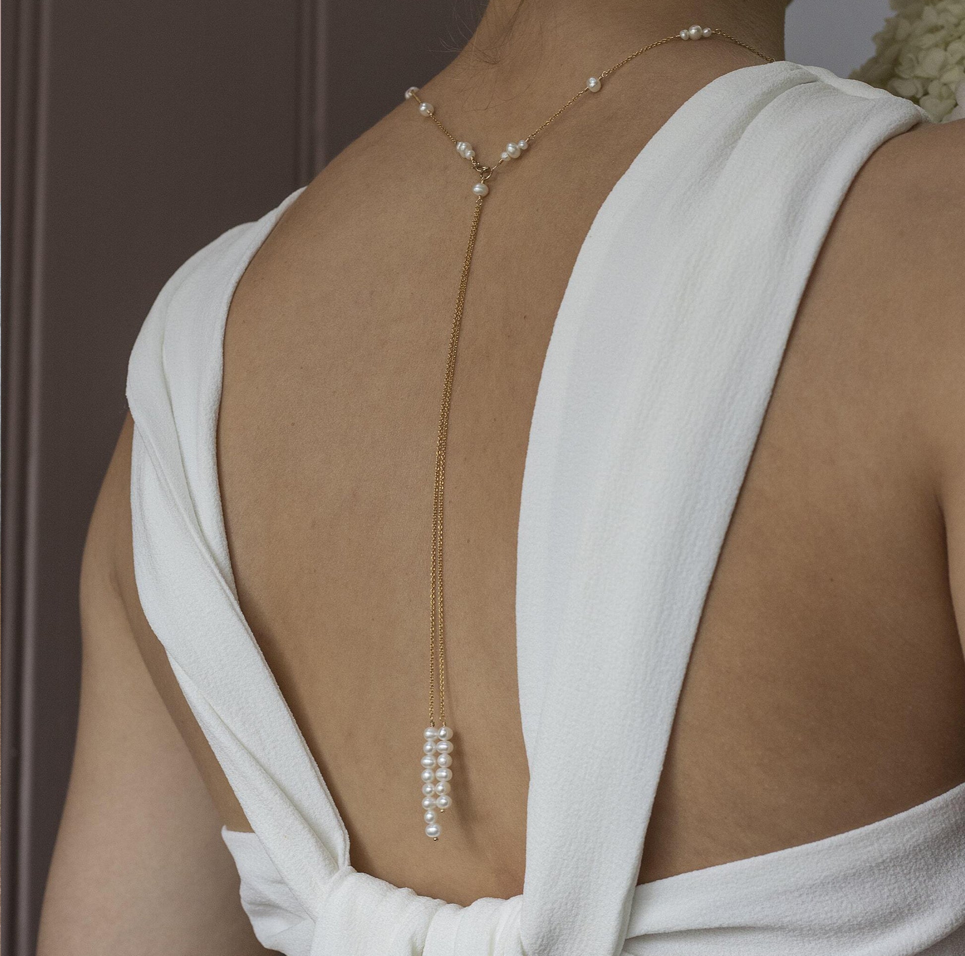 Delicate Pearl Bridal Double Back-drop Necklace - Cybele