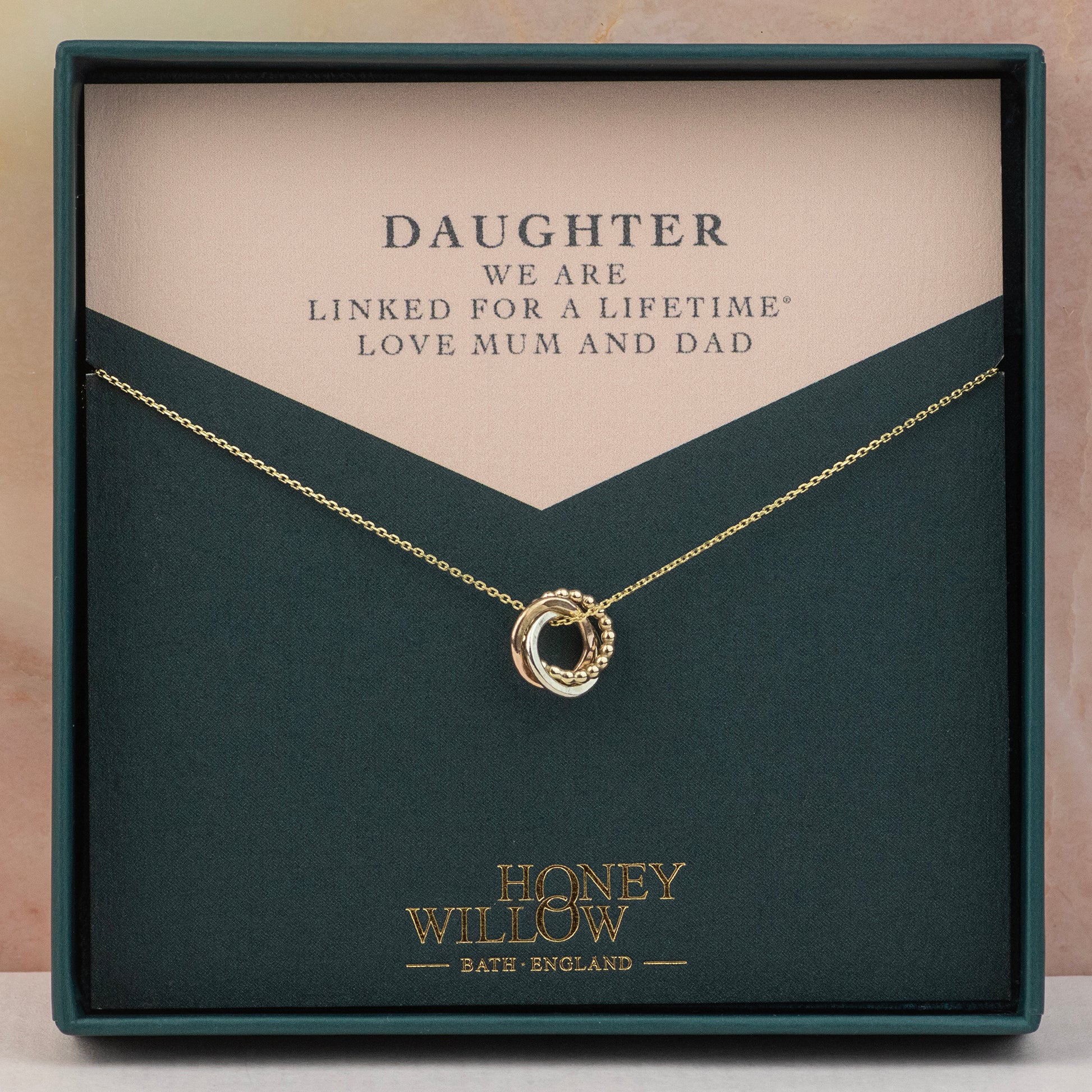 Gift for Daughter from Mother & Father - 9kt Gold, Rose Gold & Silver Love Knot Necklace