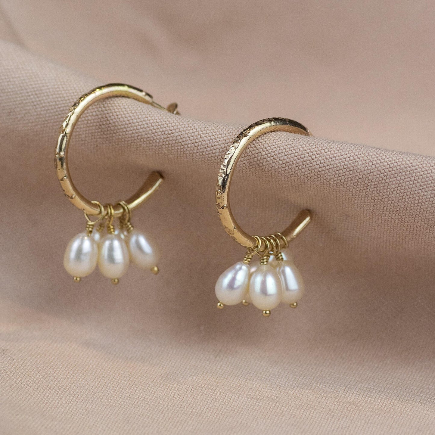 Bridal Earrings - Petite Gold Hoops with Pearl Cluster - 2cm