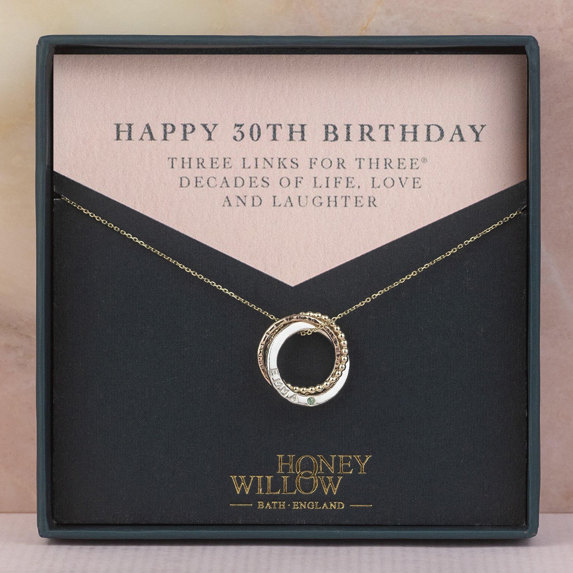 9kt Gold Personalised 30th Birthday Birthstone Necklace -  The Original 3 Links for 3 Decades Necklace - Recycled Gold, Rose Gold & Silver