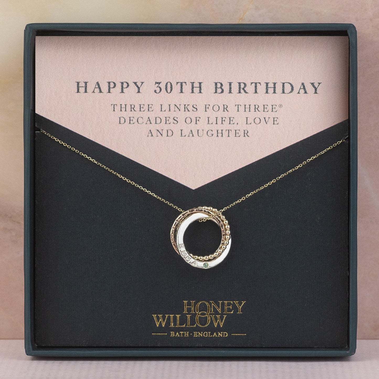 Personalised 30th Birthday Birthstone Necklace - Recycled 9kt Gold & Silver - 3 Links for 3 Decades