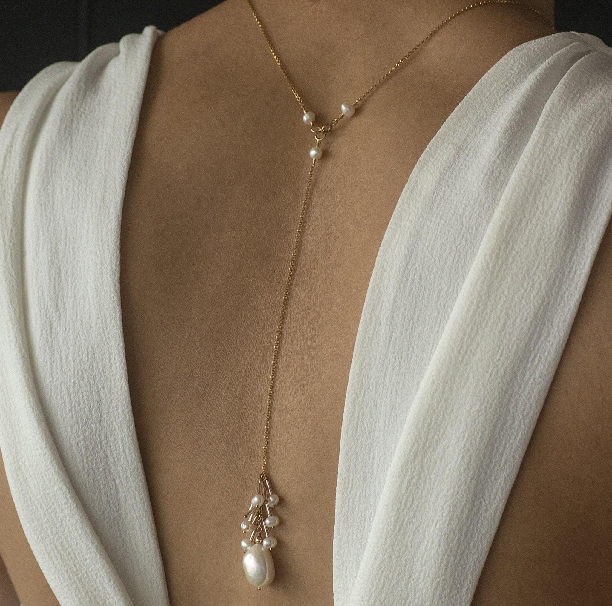 Gold Back Necklace With Chain & Pearl Drops| Wholesale Wedding Jewelry-  Adorn A Bride