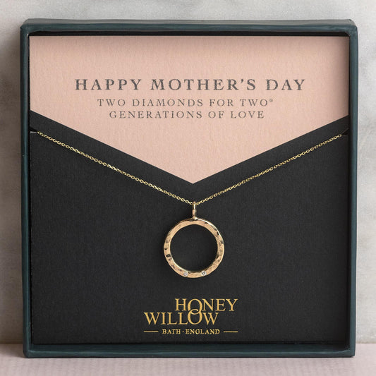 Mother's Day Gift - Recycled 9kt Gold Diamond Halo Necklace - 2 Diamonds for 2® Generations