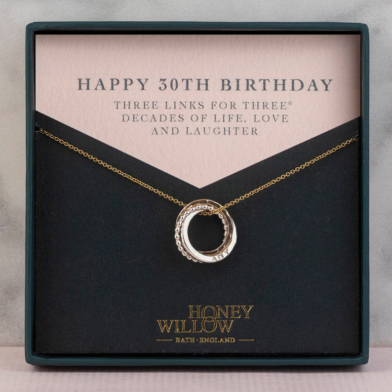 Personalised 30th Birthday Necklace - Hand-Stamped - Petite Mixed Metal - The Original 3 Links for 3 Decades Necklace