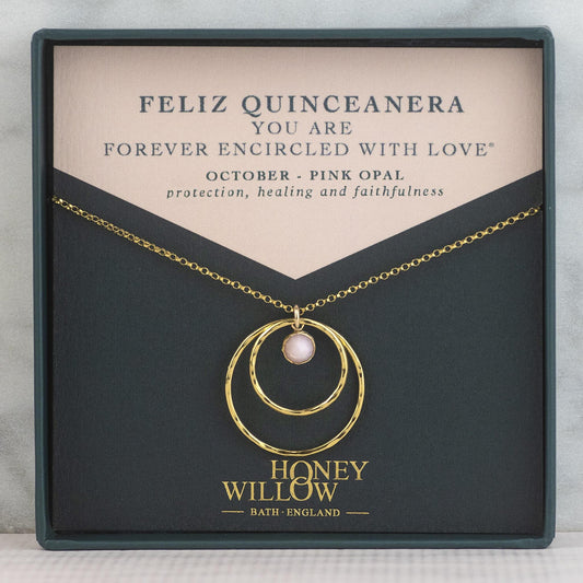 Quinceanera Gift - Double Halo Birthstone Necklace - Silver & Gold