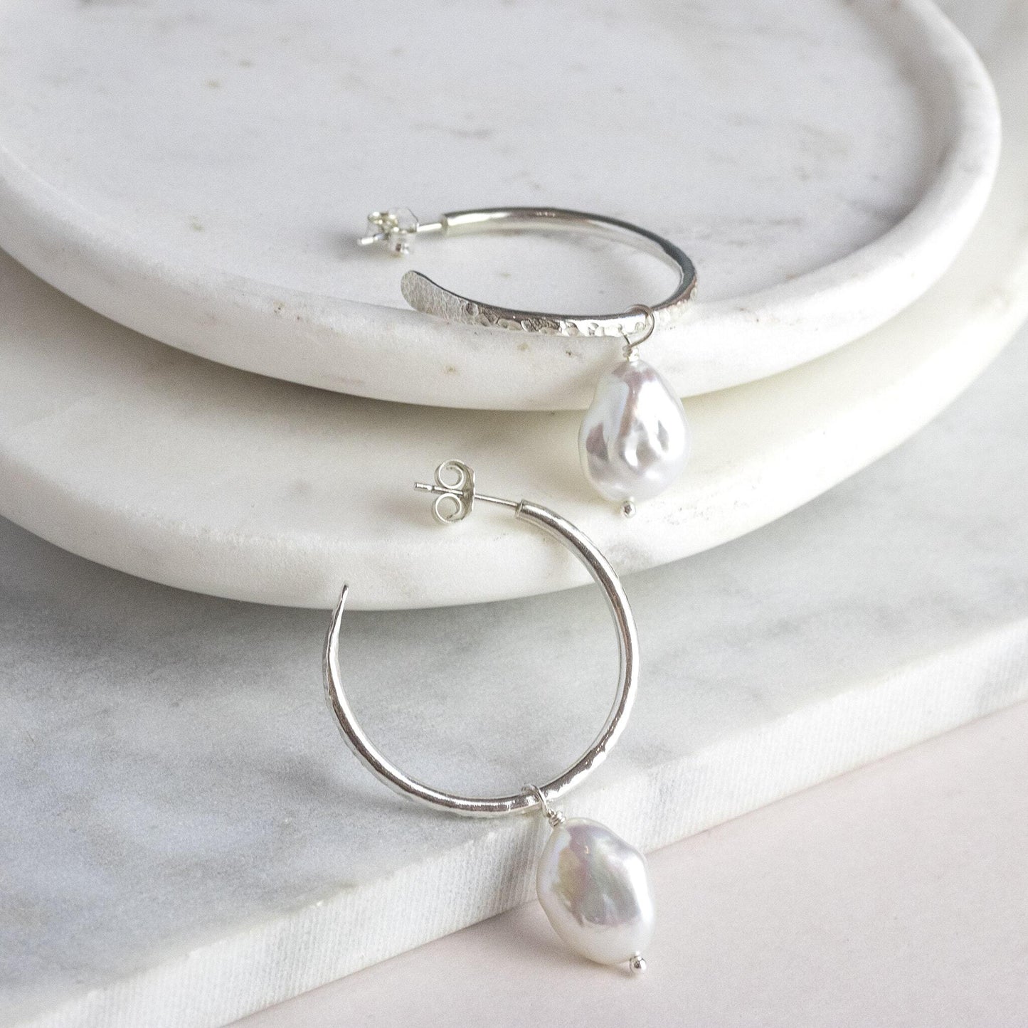 Small Silver Hoop Earrings with Pearls