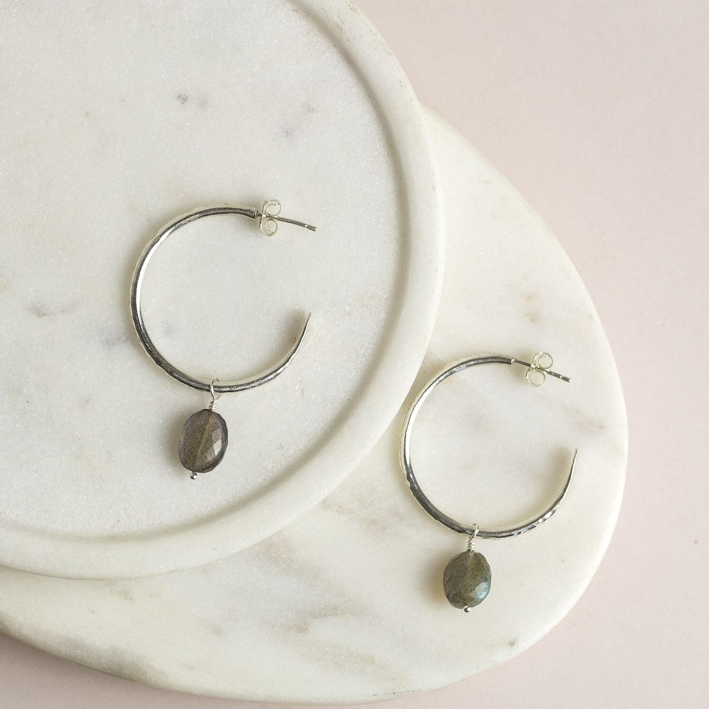 Small Silver Hoops with Labradorite - 3cm