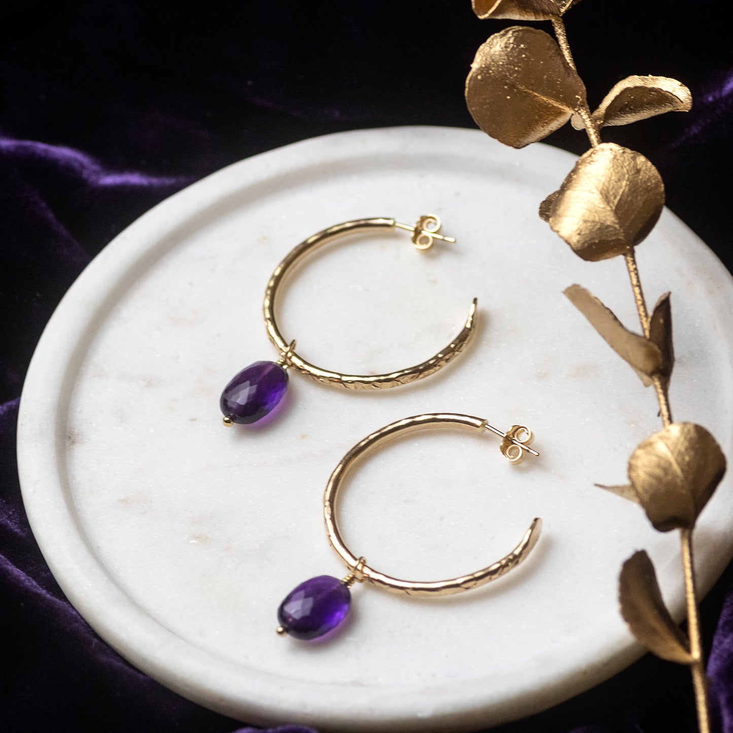 Small Gold Hoops with Amethysts
