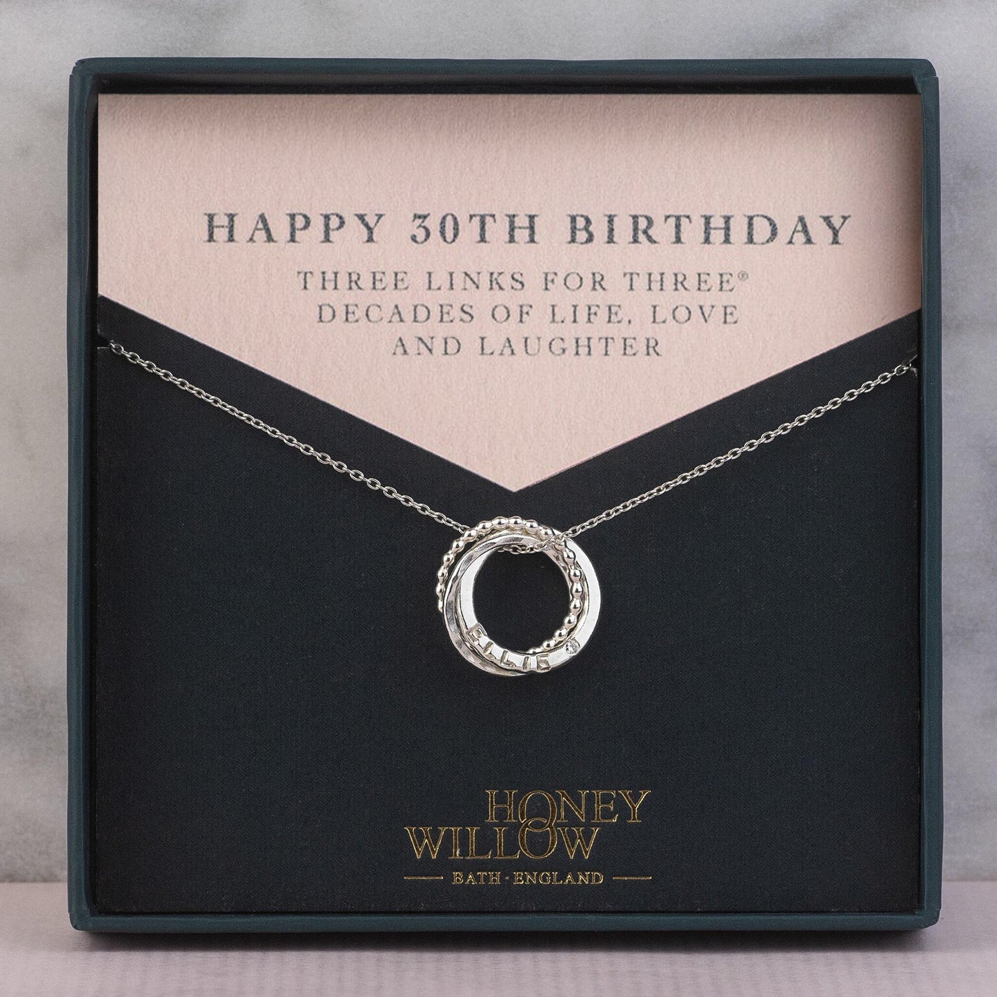 Personalised 30th Birthday Birthstone Necklace - Hand-Stamped - The Original 3 Links for 3 Decades Necklace - Silver