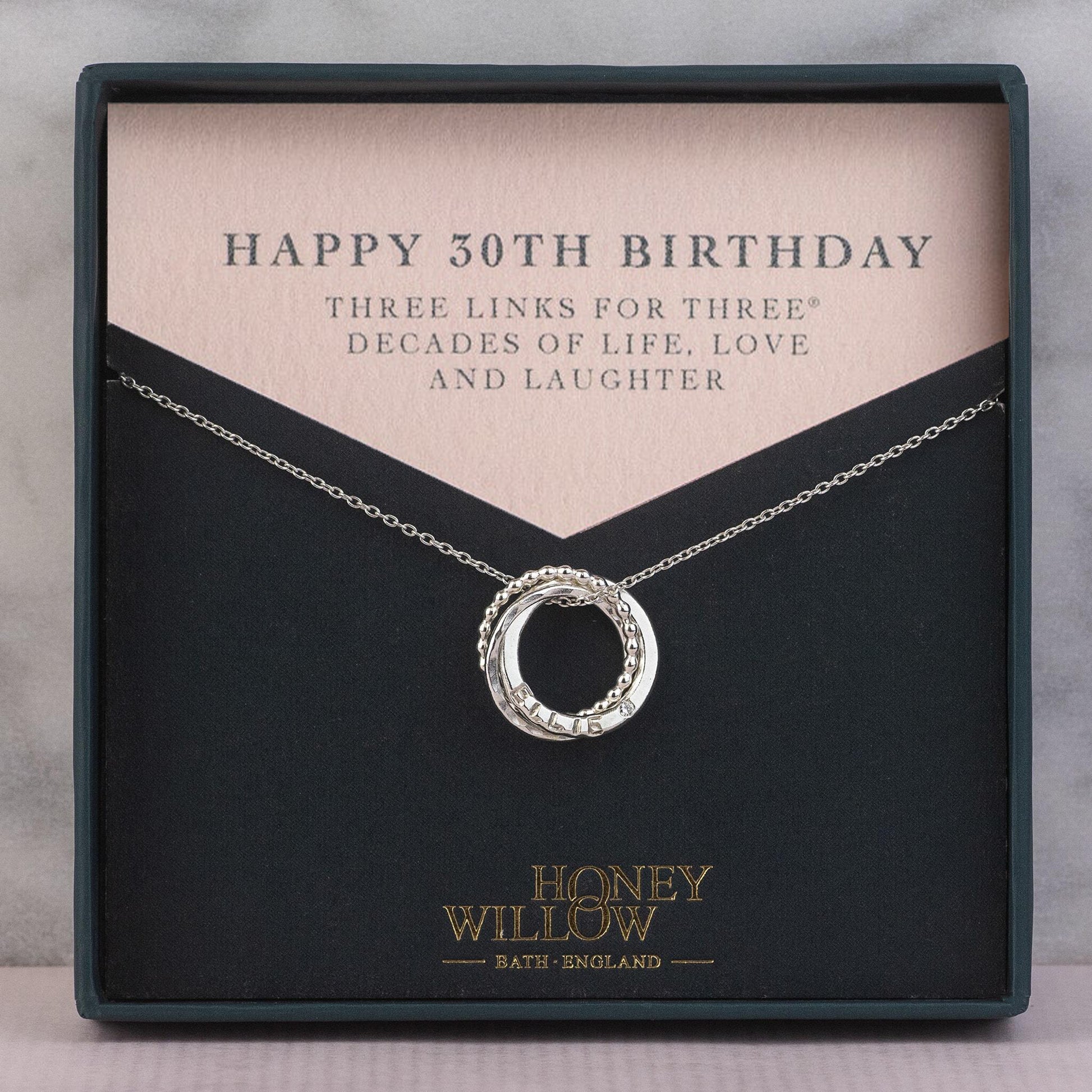 Personalised 30th Birthday Birthstone Necklace - Hand-Stamped - Petite Silver - The Original 3 Links for 3® Decades Necklace