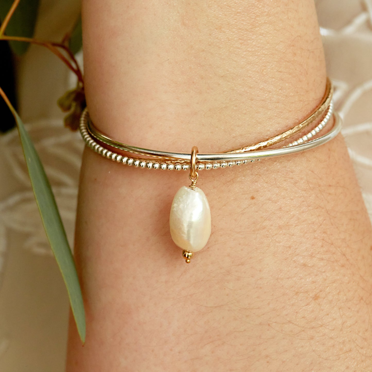30th Wedding Anniversary Gift - 9kt Gold Triple Linked Bangle with Pearl